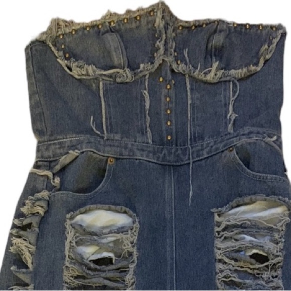 Blue jean ripped jump suite, wide pants legs